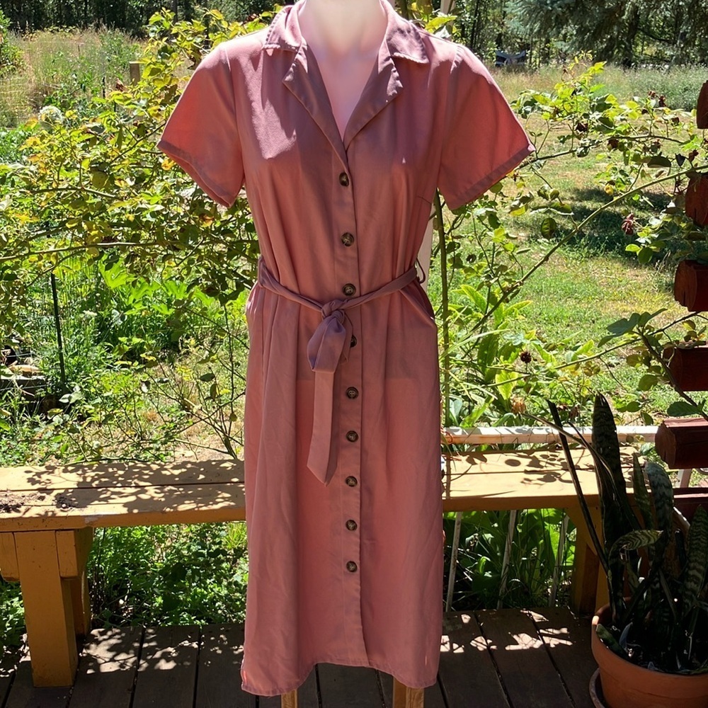 Umgee Pink Buttoned Tie Front Midi shirt Dress Small